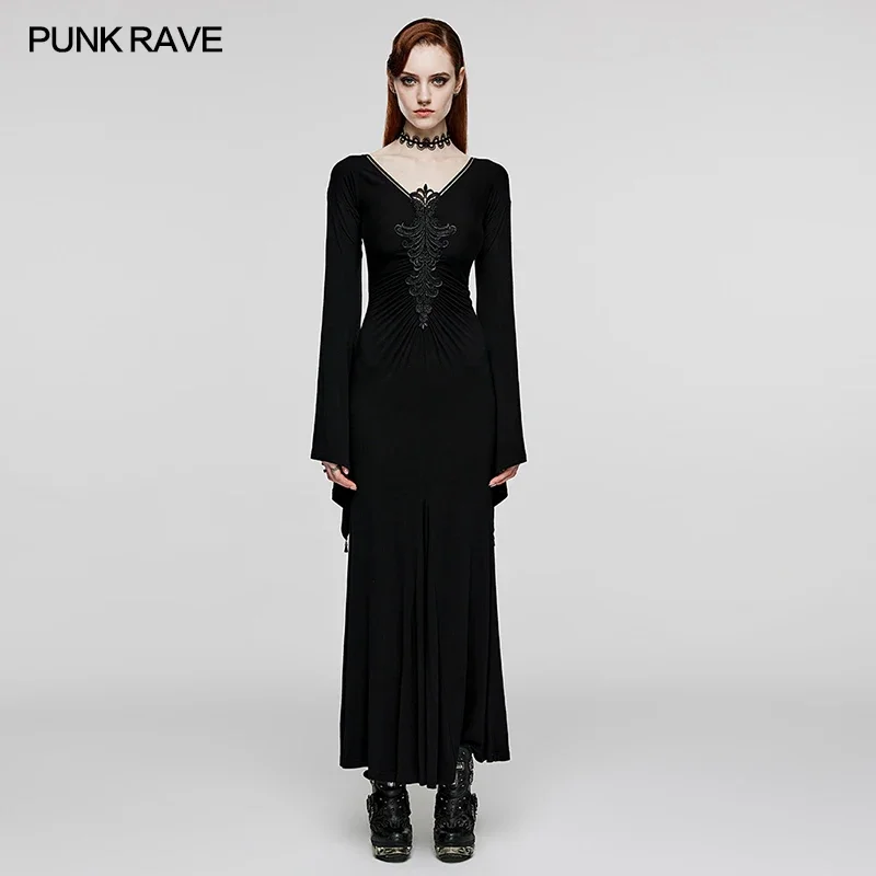 

PUNK RAVE Women's Gothic Ornate Applique Decorated Simple Elegant Dress Party Club Exquisite Irregular Cuffs Slim Long