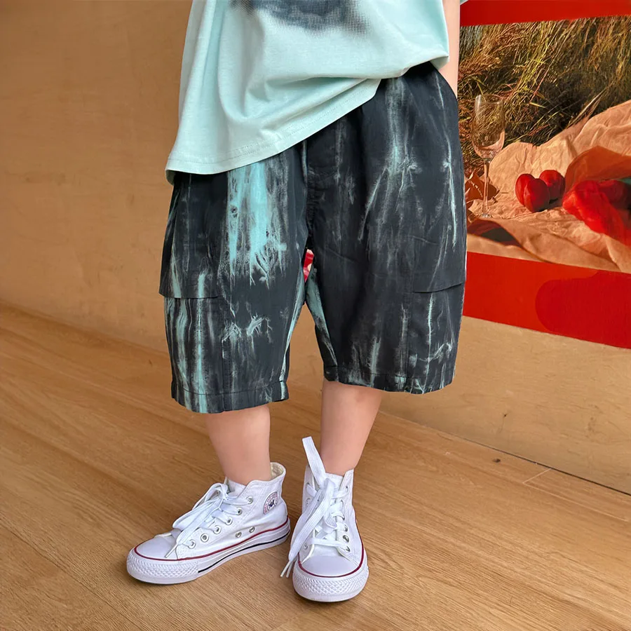 Boys summer shorts thin 2024 summer new Korean version of children's shorts boys tie-dyed pleated shorts