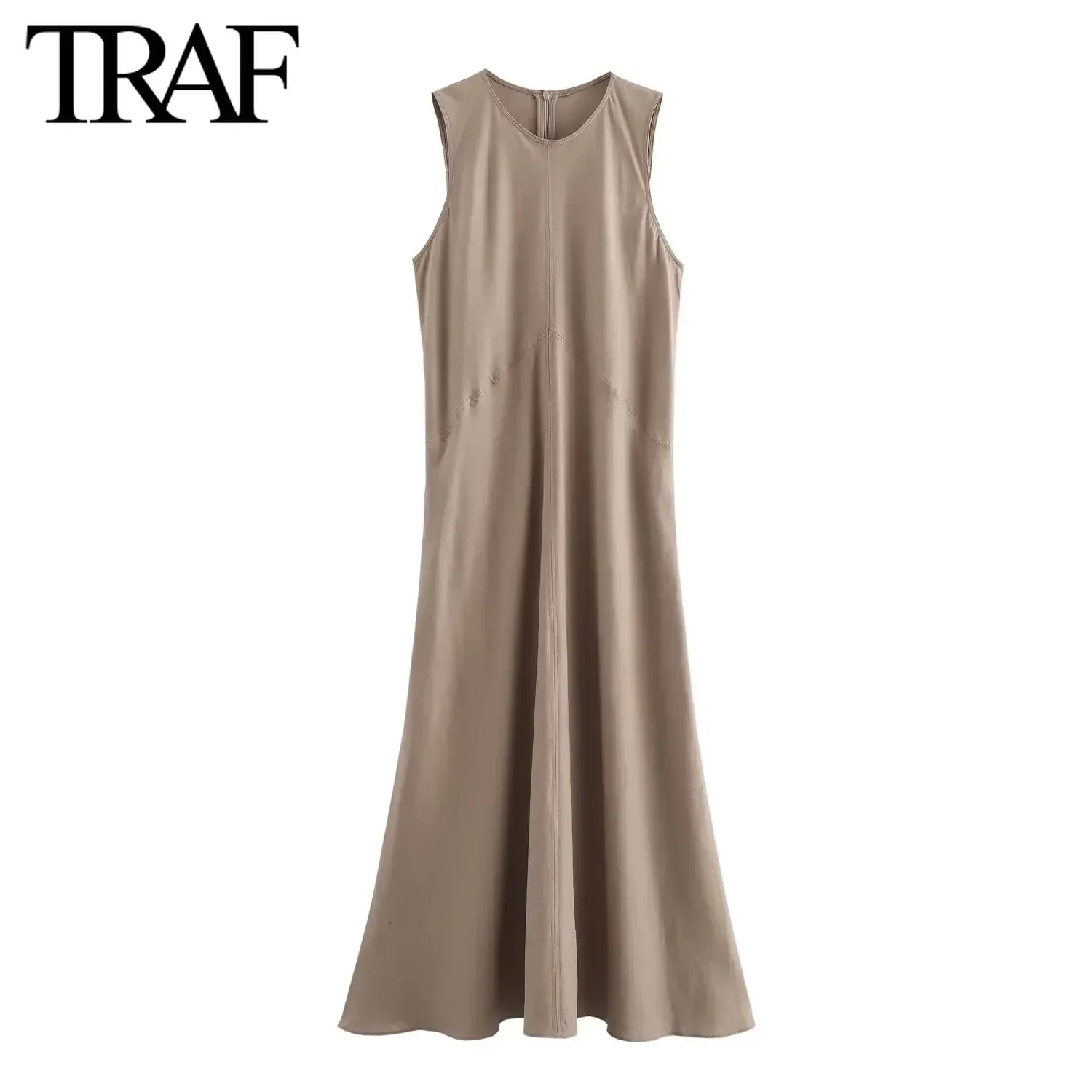 TRAF Women Fashion Summer New Solid Loose Linen Round Neck Sleeveless Back Zip Long Dress French Chic Female Evening Clothing