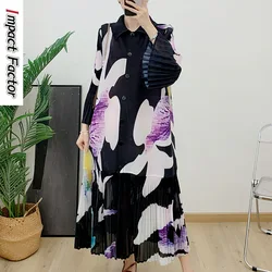 Miyake Pleated Breasted Cardigan 2024 Spring New Women's Printed Lapel and Flower Bud Sleeves Summer Women's Mid Length Dress