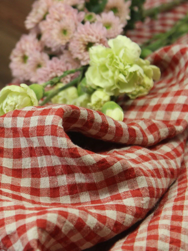 Texture Yarn-Dyed Linen Plaid Fabric Cheongsam Dress Shirt Clothing Fabric Red