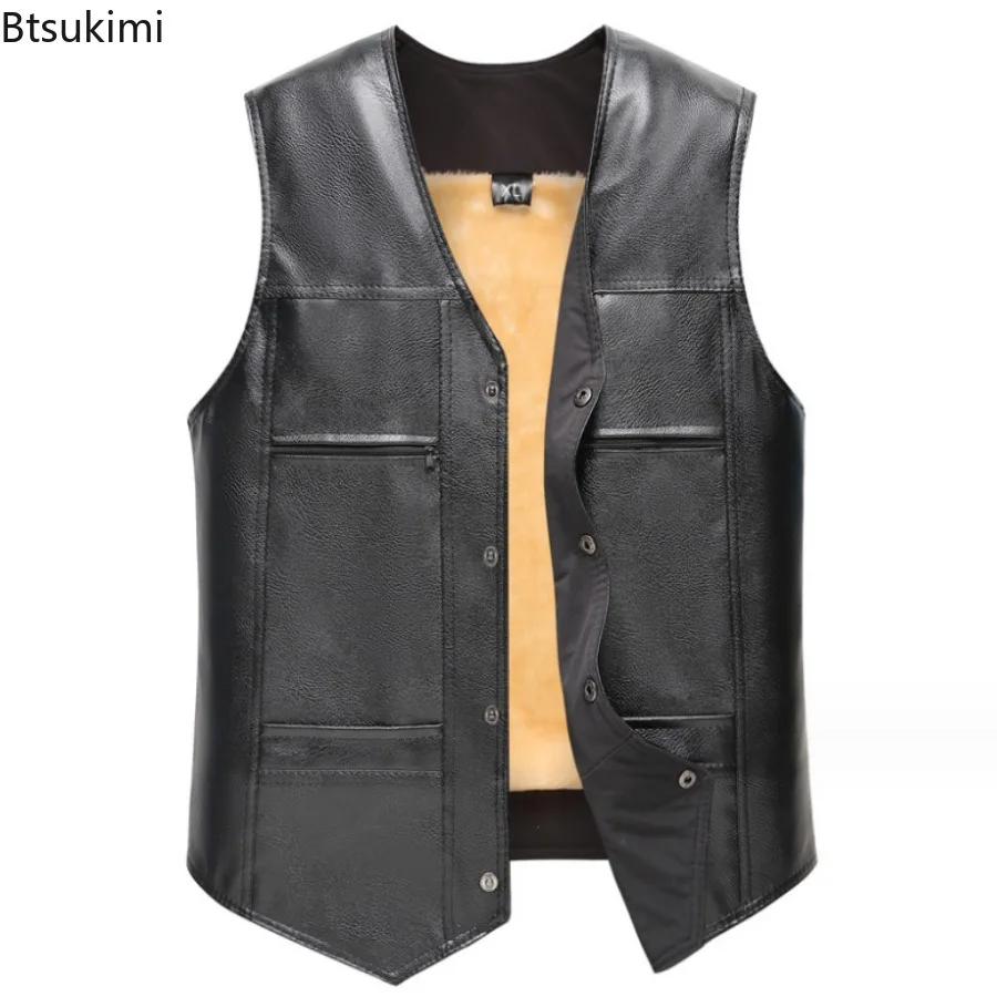 Autumn Winter New Men's Leather Vest Fleece Lining Warm Waistcoat Fashion V-neck Sleeveless Vest Jacket Handsome Motorcycle Vest view 2