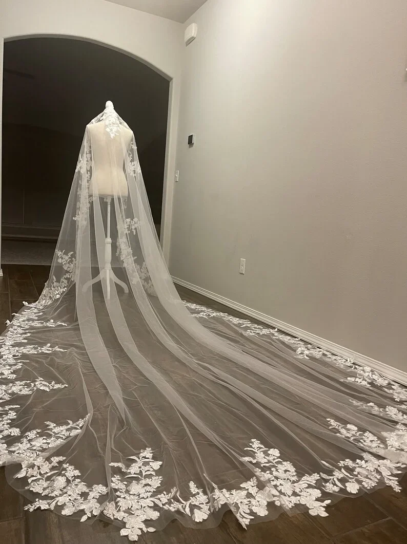 

Wedding Veil Cathedral Length Mantilla Veil Long Veil with Floral Lace