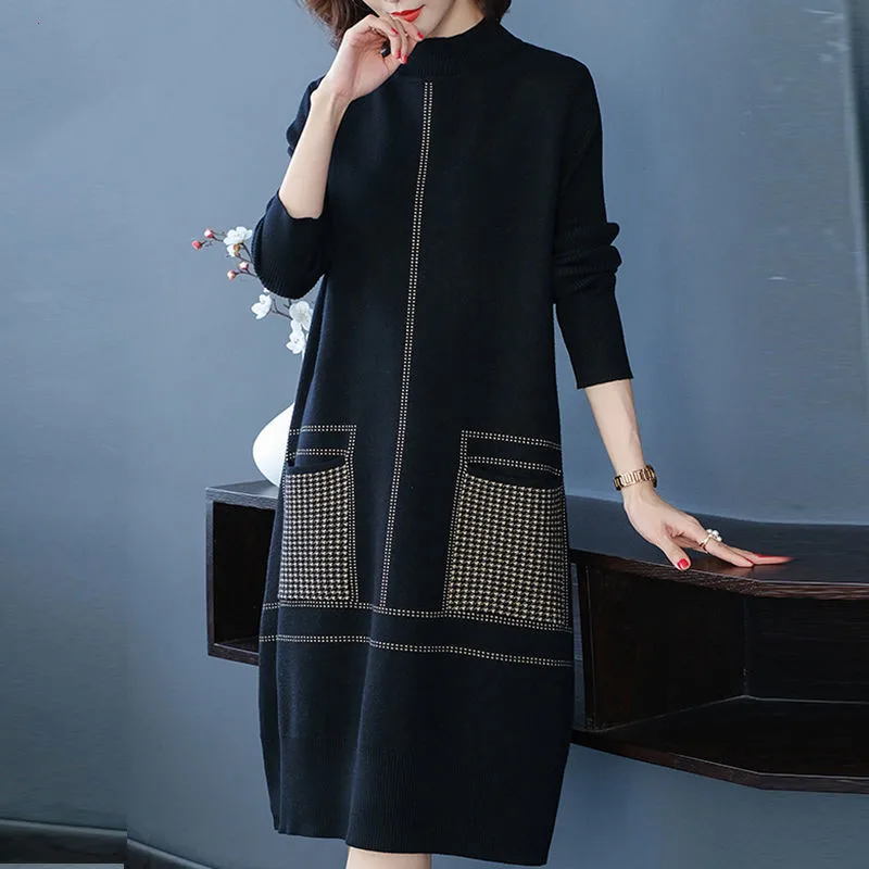 Oversize Women Knitting Dresses For Autumn Winter 2024 New Vintage  Loose Half High Pullover Patchwork Big Pockets Female Dress