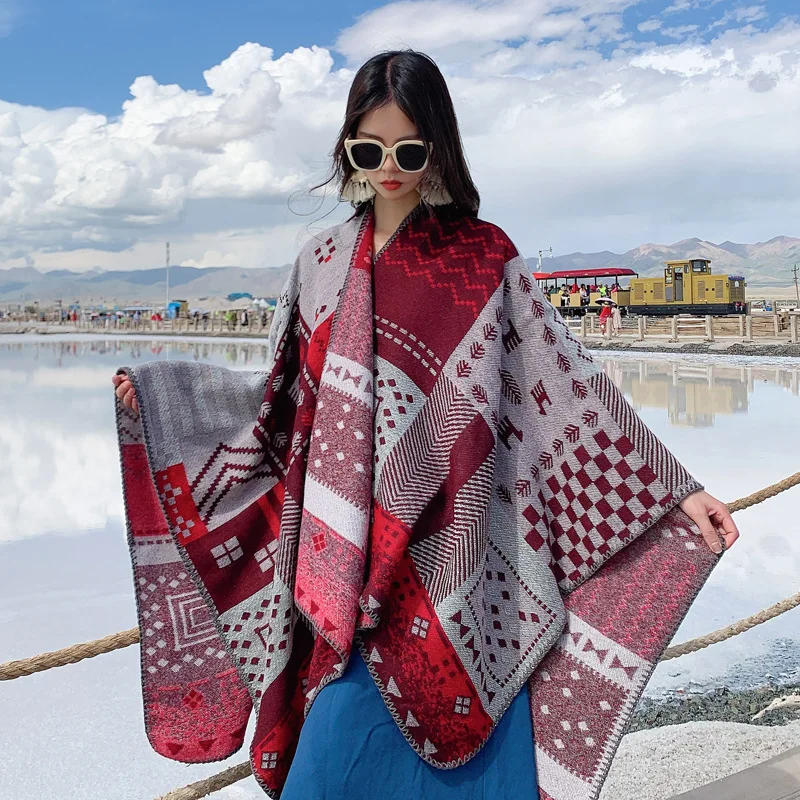 Poncho Cape Autumn and Winter Scarves Women\'s Travel Shawl Imitation Cashmere European and American Ethnic Style Split Cloak