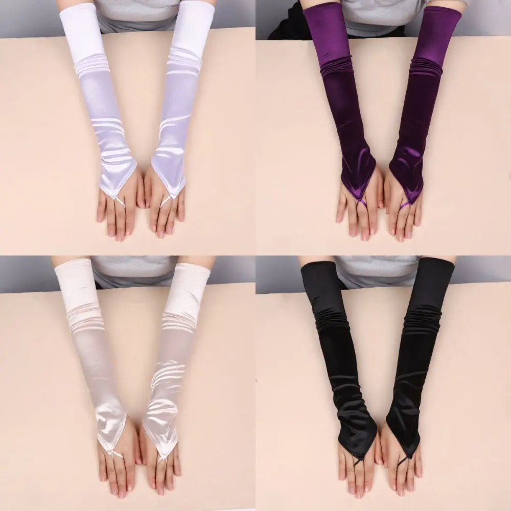 New 49CM Women Gloves Satin Elasticity Hook Finger Gloves Solid Retro Stage Performance Long Fingerless Gloves Wedding Bride