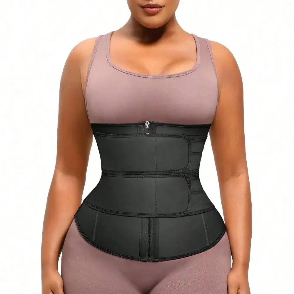 Women Long Torso Sauna Slimming Waist Trainer Zipper Design 7 Steel Bone Corset Fitness Body Shaper With Two Belts