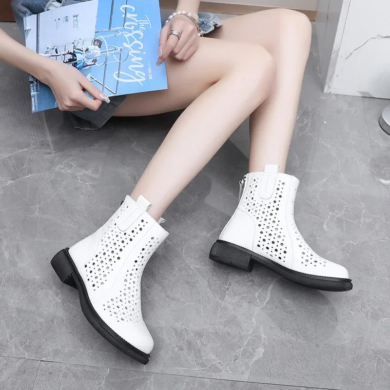 Summer Women Boots Genuine Leather Square Low Heel Round Toe Side Zip Cut Out Hollow Women Shoes Ankle Boots Size 43