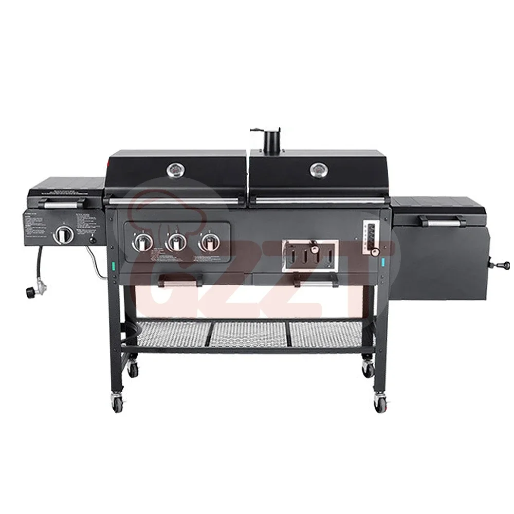 Outdoor Garden Large Gas And Charcoal Grill Combo Smokeless Barbecue Bbq Commercial Grill Trolley With Smoker Oven