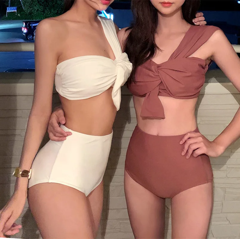 

2023 New Fashion Women Bikini Solid Color One-shoulder Swimwear Backless Sexy Tankini Two-Piece Hot Spring Swimsuit