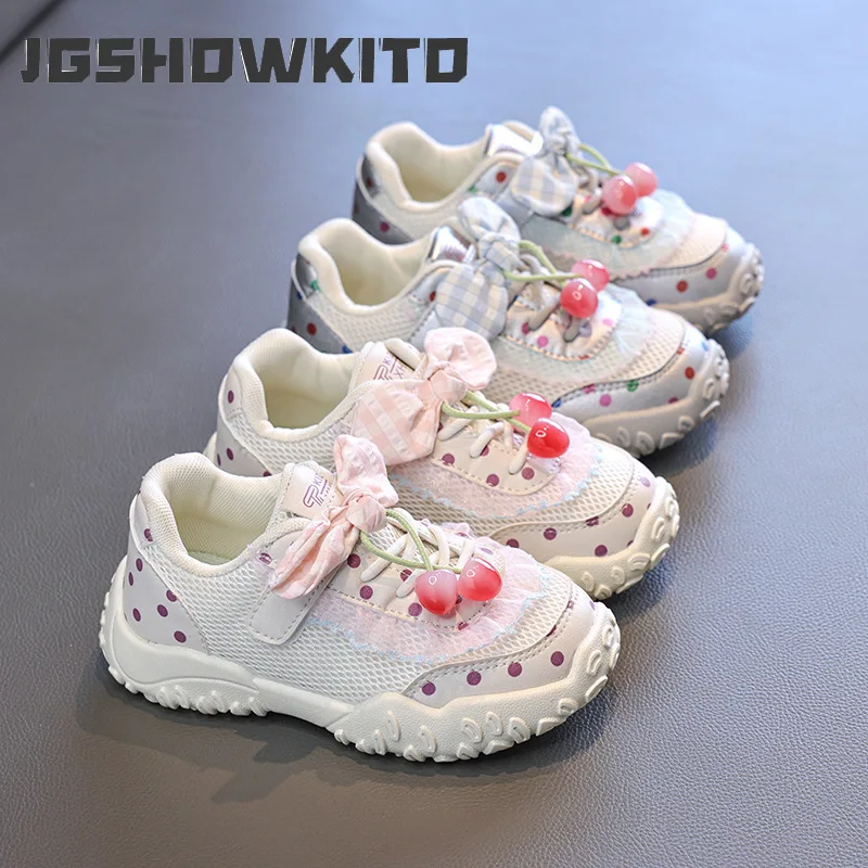 JGSHOWKITO Cute Girls Sneakers Mesh Breathable Kids Walking Shoes Bowknot Polka Dot Fashion Causal Children School Sports Shoes