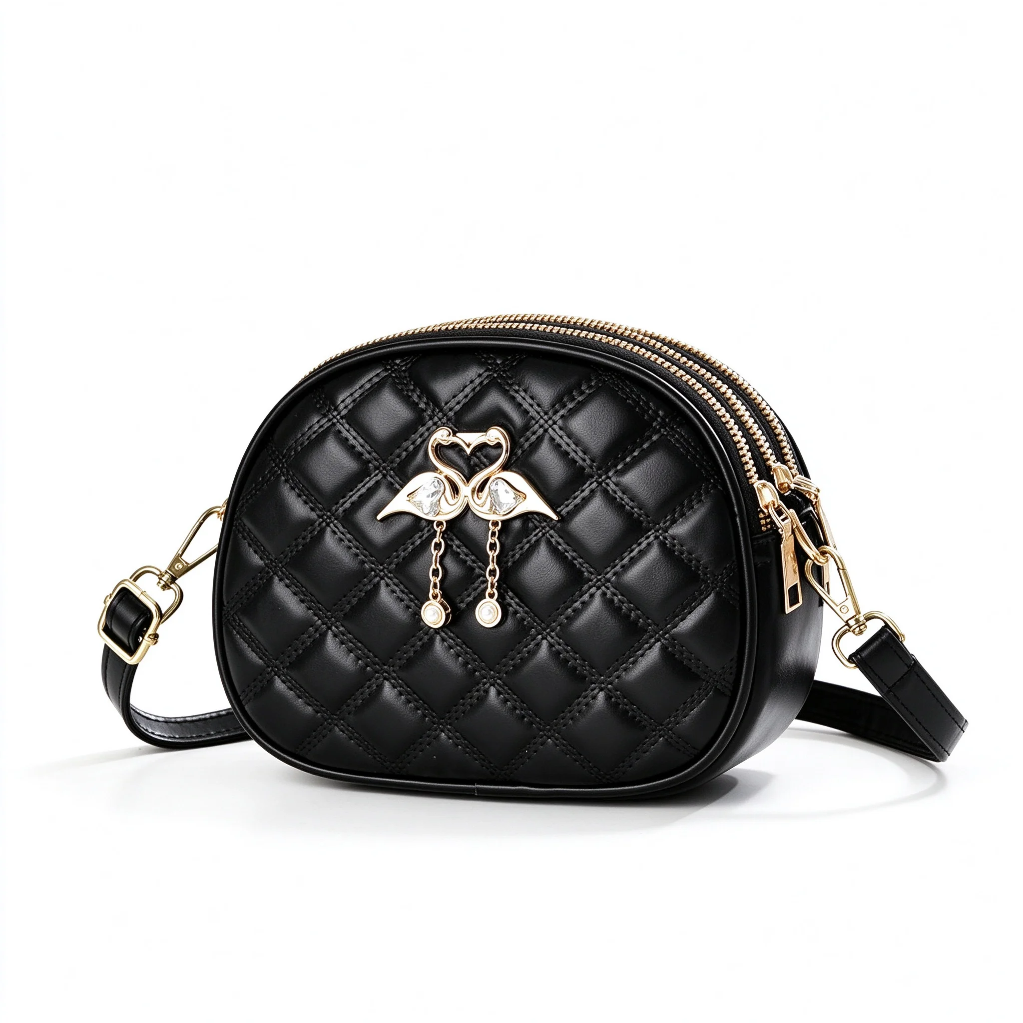 Beige Black Quilted Mini Round PU Leather Shoulder Bag Metal Chain Crossbody Purse Commute Phone Small Handbag For Women Girls