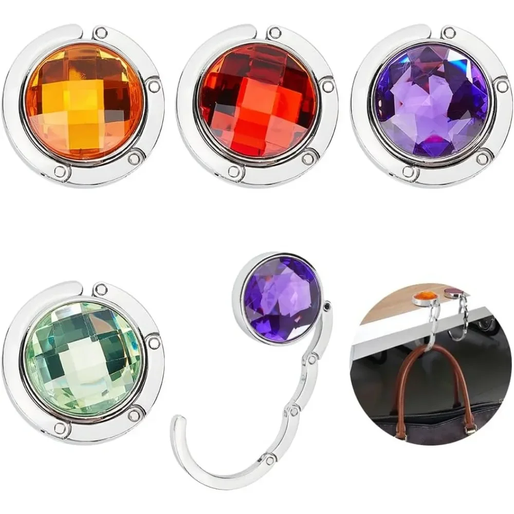 4 Colors Foldable Purse Hooks, Rhinestone Floding Handbag Hanger 43mm Flat Round Bag Holder for Women's Bag Storage Metal