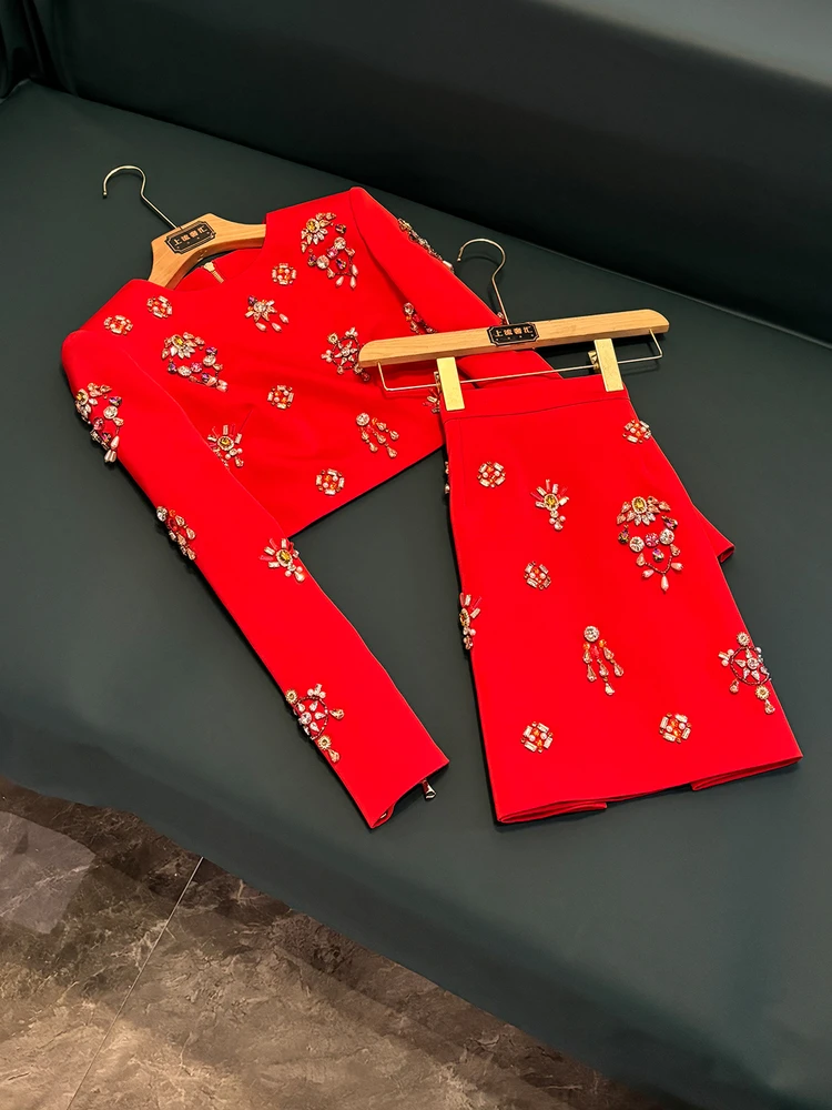 

2025 Red Celebration Heavy Du Long Sve round Ne f Skirt Ele Suit Two Piece Set B09025 Women's Faion Autumn Wear