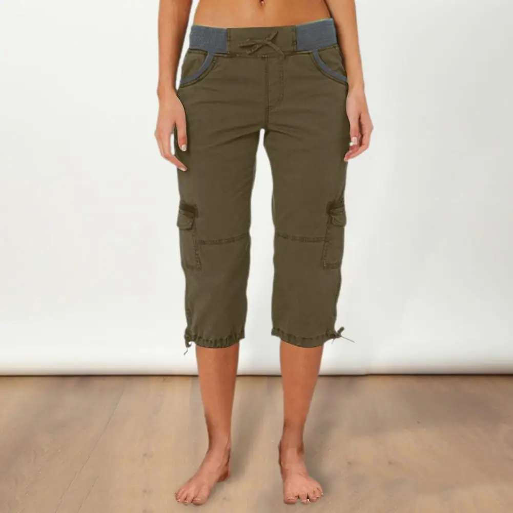 

Women Cropped Pants High Waist Adjustable Drawstring Cargo Pants with Pockets Design Summer Casual Hiking Jogger Pants