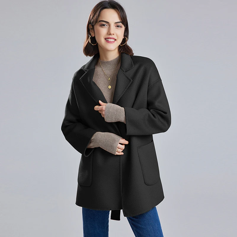 MODERN NEW SAGA 100% Wool Women Wool Jacket Autumn Wool Coat Water Ripple Winter Woolen Jackets Women Cashmere Overcoat Belt