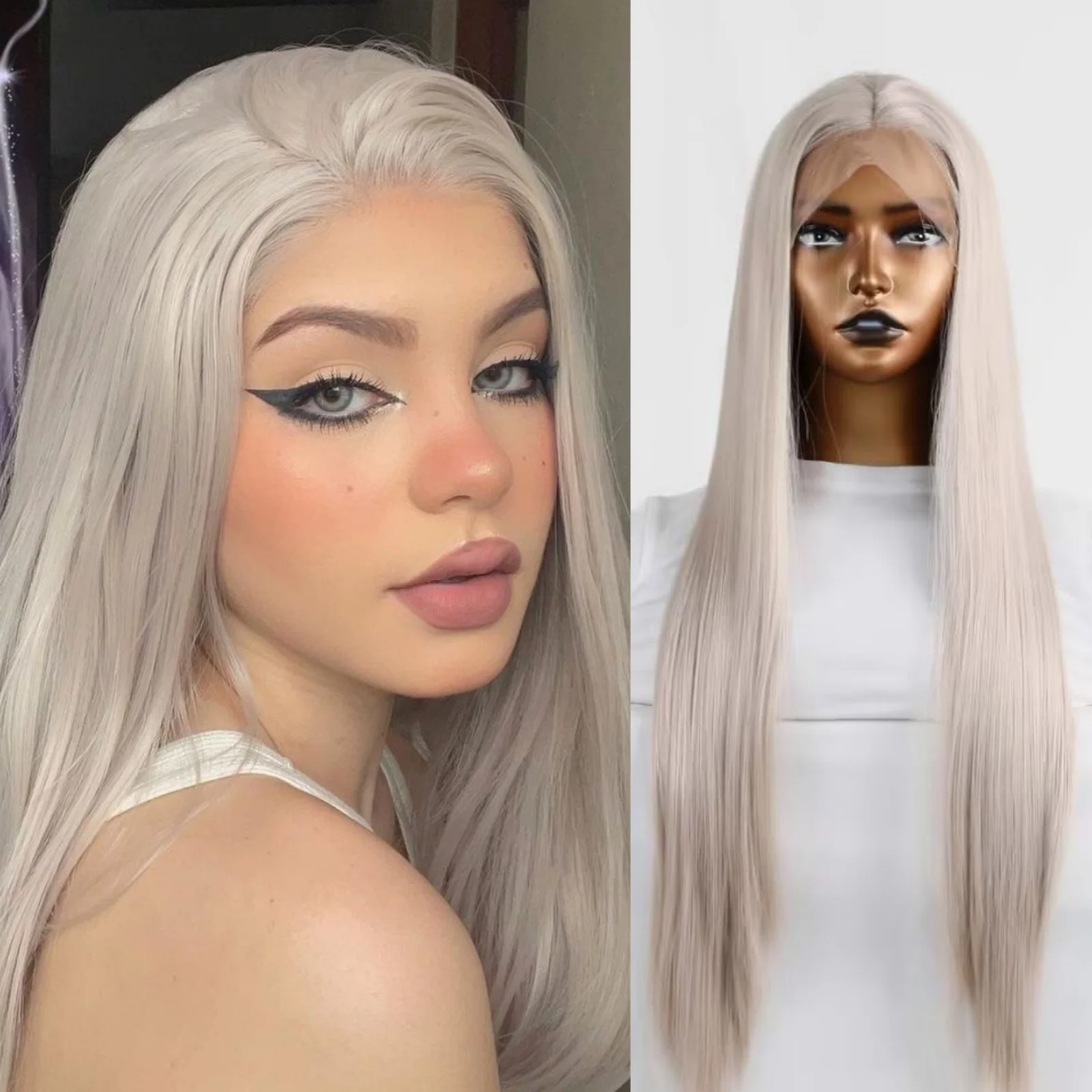 Grey Wig Long Straight Synthetic Lace Front Wig Glueless Wigs for Women Cosplay Party Ready to Wear Silver Hair Lace Frontal Wig