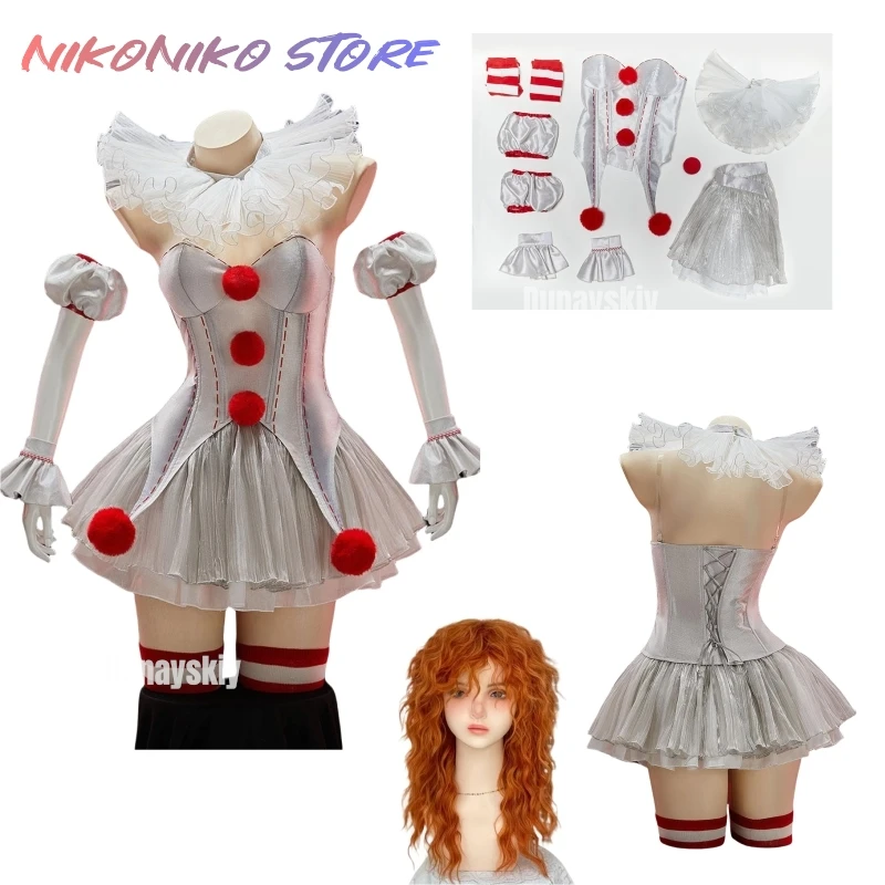 Frauen Film Derivat Clown Joker Pennywise Doujin Cosplay Silber Kostüm Gruselig Sexy Dessous Halloween Top Rock
