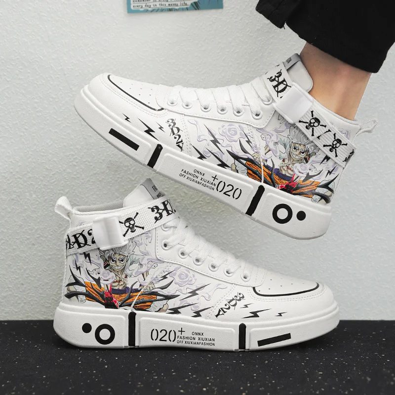 Fashion Cartoon Printed White Sneakers da uomo High Top coppie scarpe da Skateboard Designer Anime Shoes Sneakers da donna 2024 cestini