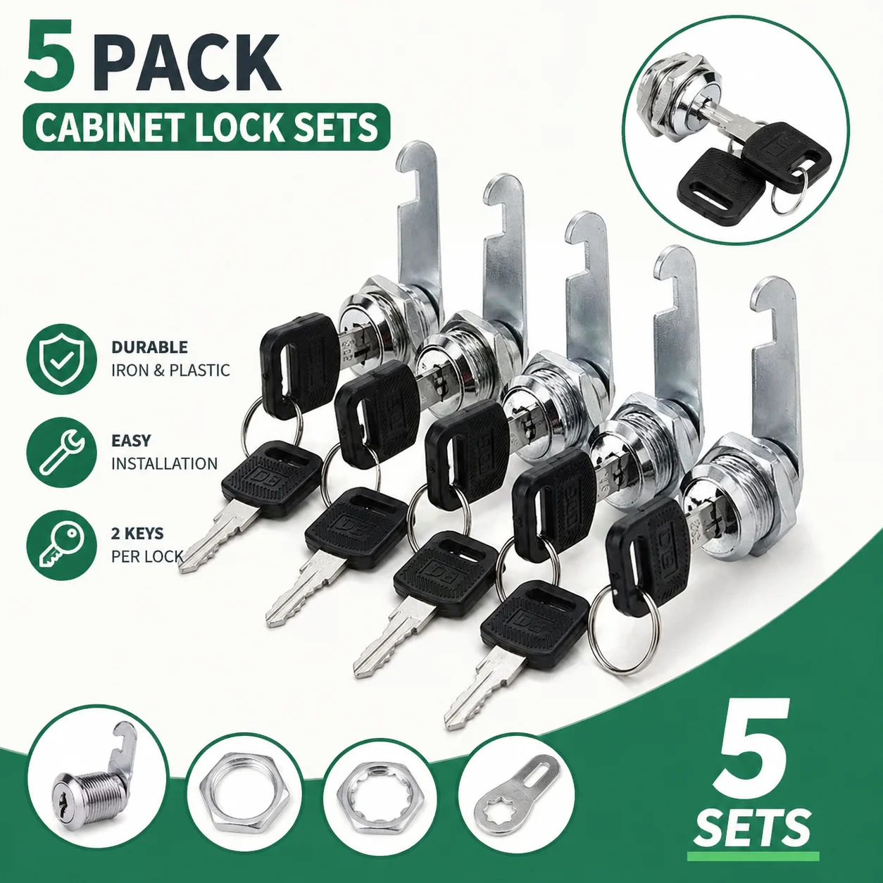 5Sets Universal Tongue Lock with 2 Keys Cylinder Core for File Cabinet Locker Storage Mailbox
