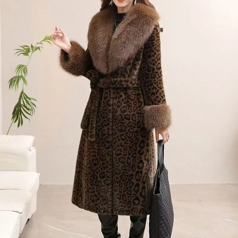 New Leopard Print Fur Jacket Women's Overcoat 2026 Autumn Winter Leather One-Piece Thick Warm Parka Loose Long Fur Collar Jacket