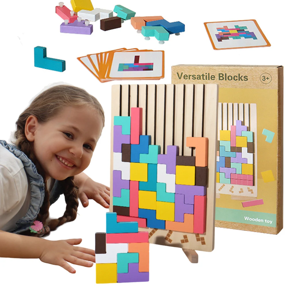 Wood Russian Blocks Puzzle Brain Teasers Intelligence Colorful 3D STEM Montessori Russian Building Block for Boys and Girls