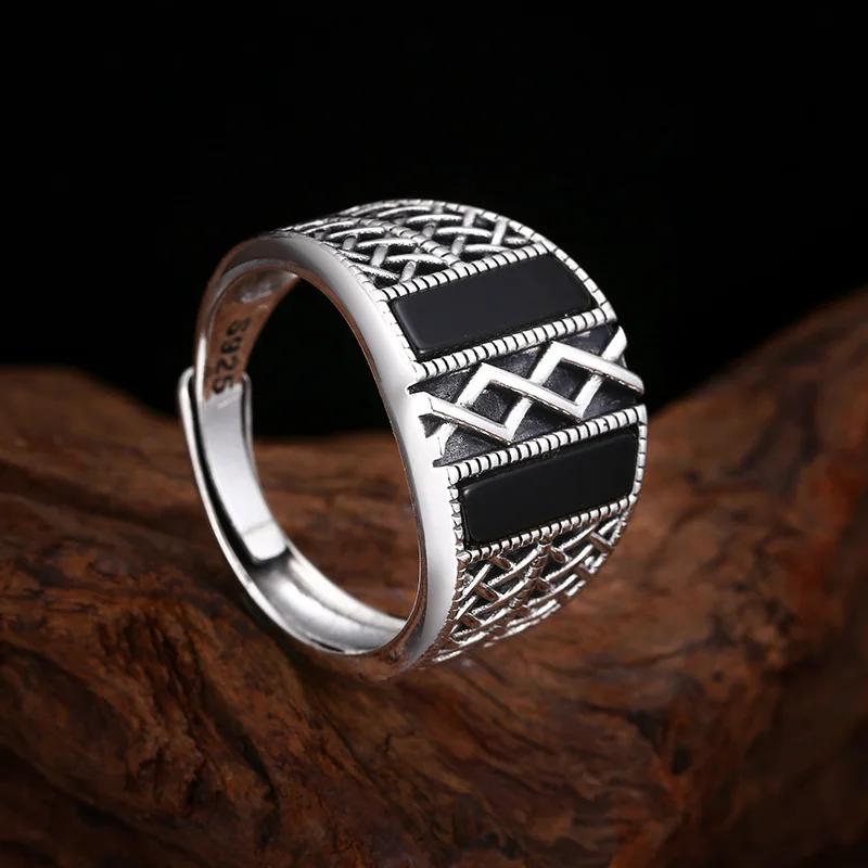 S925 Sterling Silver Black Agate Adjustable Ring Punk Style Hip Hop Weave Pattern Old Process Free Size Fine Jewelry FYRNG089