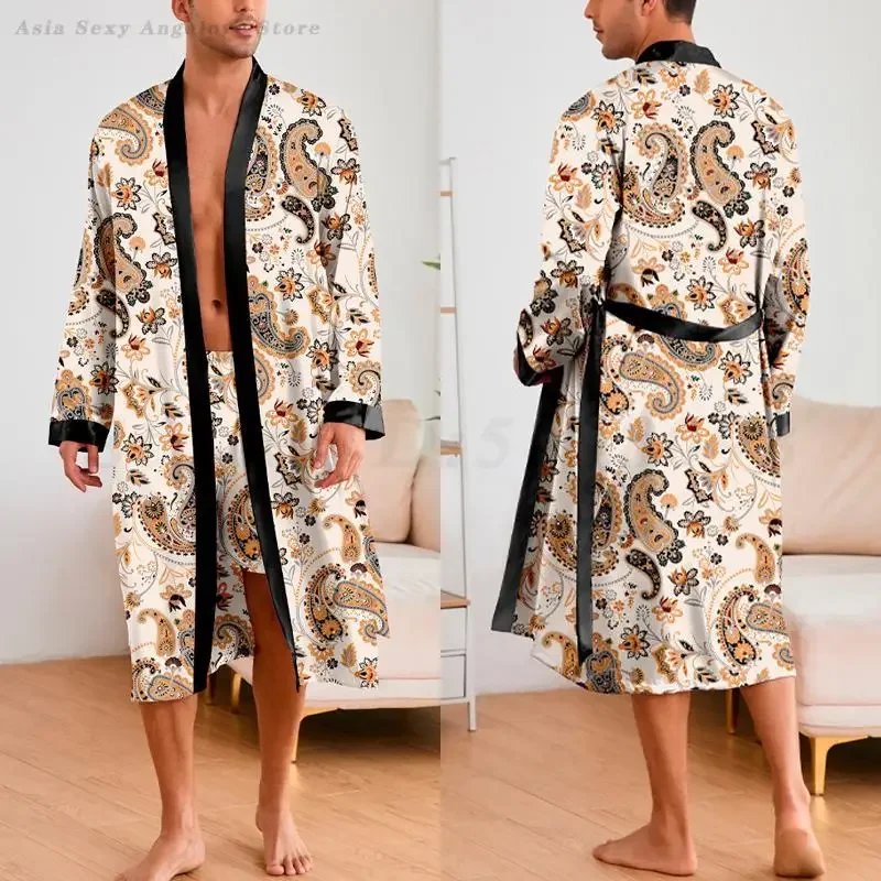 

Мужские комплекты халатов, атласное кимоно с принтом, мужская одежда для сна, халат из искусственного шелка, 2 шт., халат и шорты, костюм, повседневная ночная рубашка, одежда для дома
