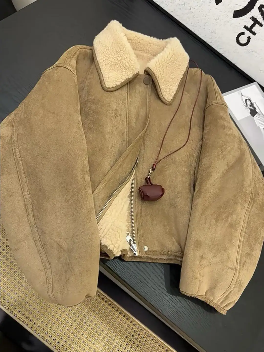 Retro Wildleder-Lederjacke mit Fellbesatz für Damen, Wintermode, Gefütterte Warme Jacke, Koreanischer Stil, Stehkragen