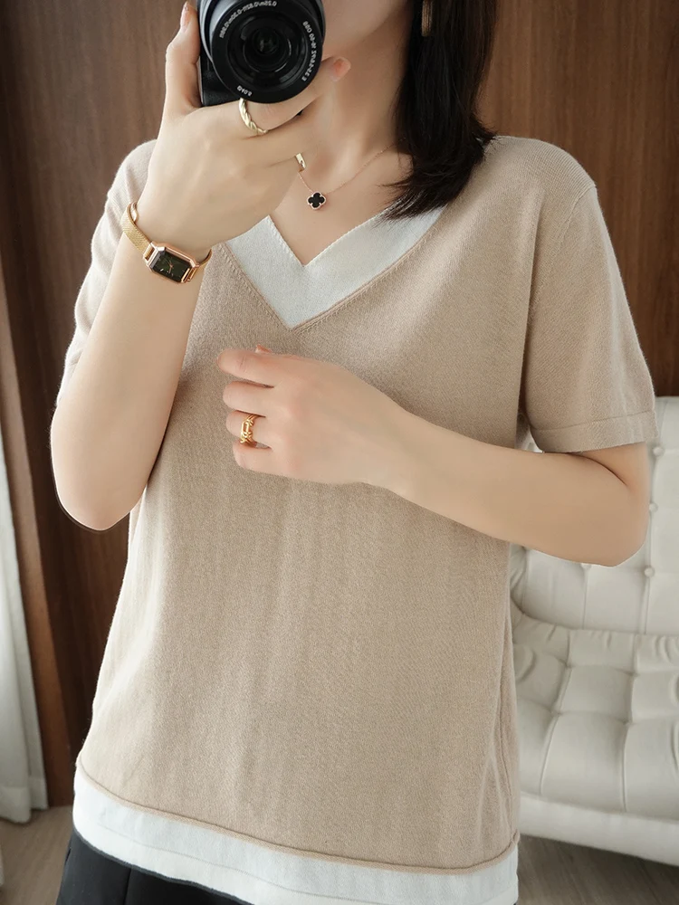 100% Cotton Spring Summer T-shirt Women Clothing V-neck Short Sleeve T-shirts Woman Color matching Casual Shirt Lady Tops