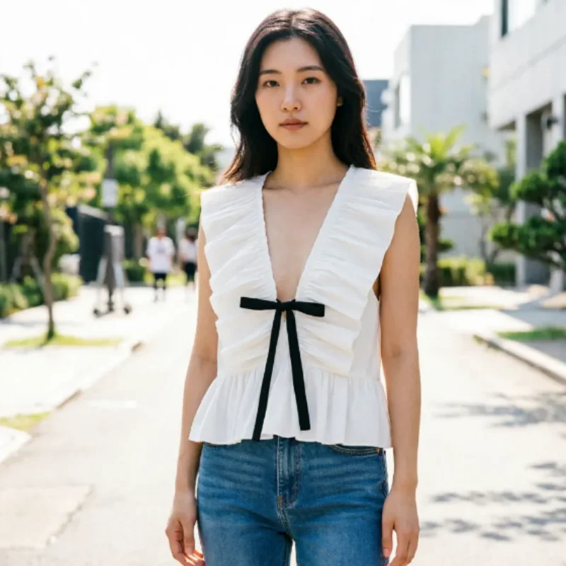 Nouvelle Collection Printemps 2026 : Top Sexy Plissé à Nœud Contrastant et à Volants