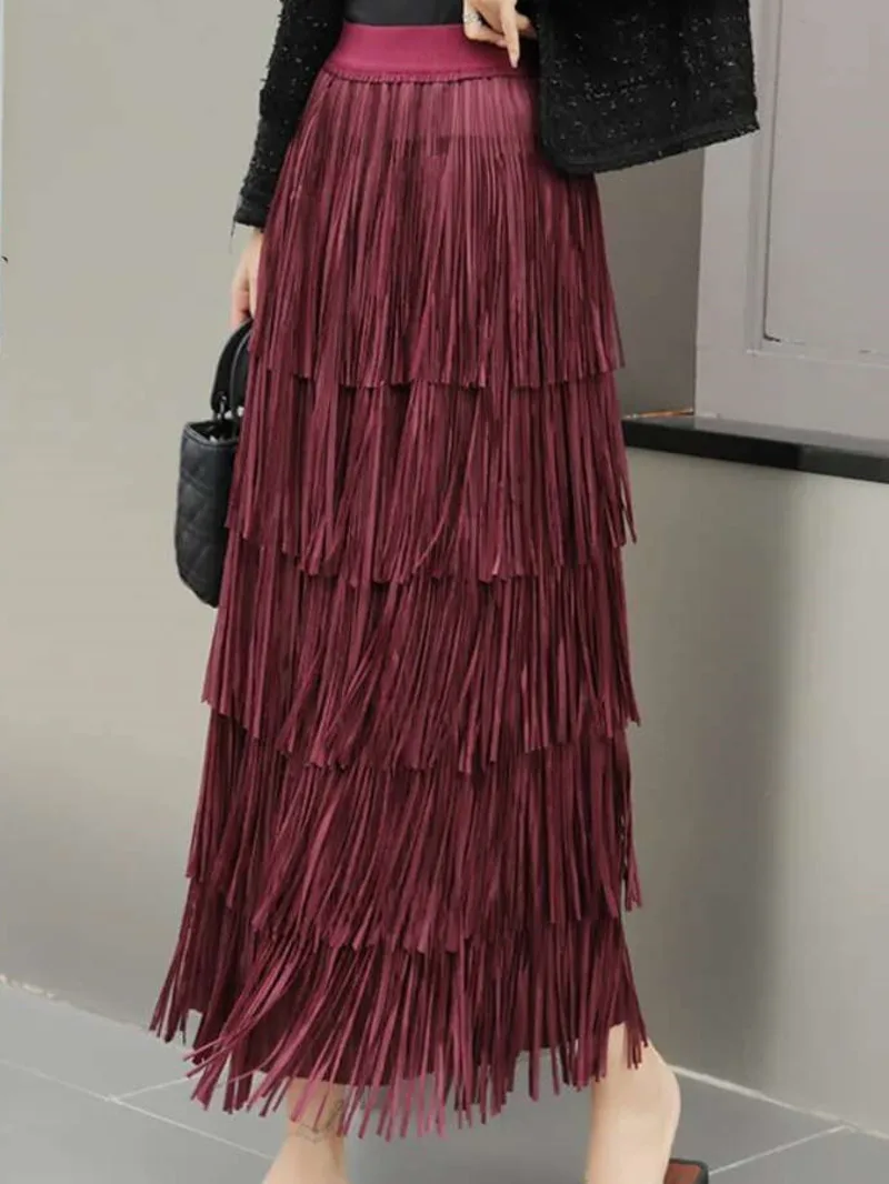 Pleated Skirts Tassel For Women High Elastic Waist Solid Color Long Length Female Party Clothing 2025 Spring New 2Z8F8