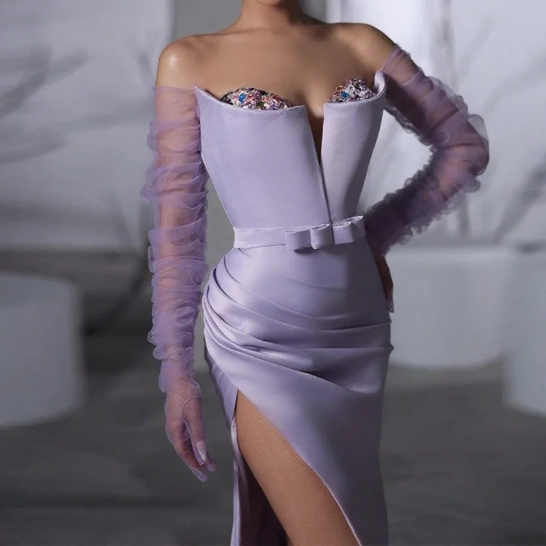 Gaun Malam Sederhana Putri Duyung Wanita Elegan Gaun Prom Belahan Sisi Menawan Tanpa Lengan Tanpa Tali Seksi Disesuaikan