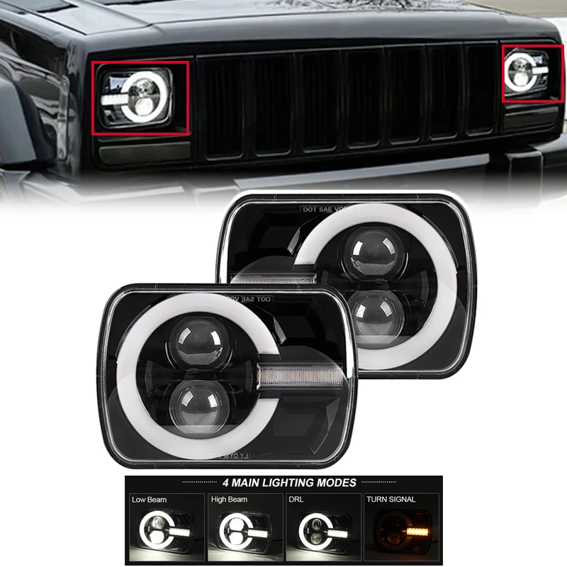 

5x7 7x6 Inch Black Rectangular LED Headlight with Hi/Low DRL Lighting For Jeep Wrangler YJ Cherokee XJ Turn Signals Car Headlamp