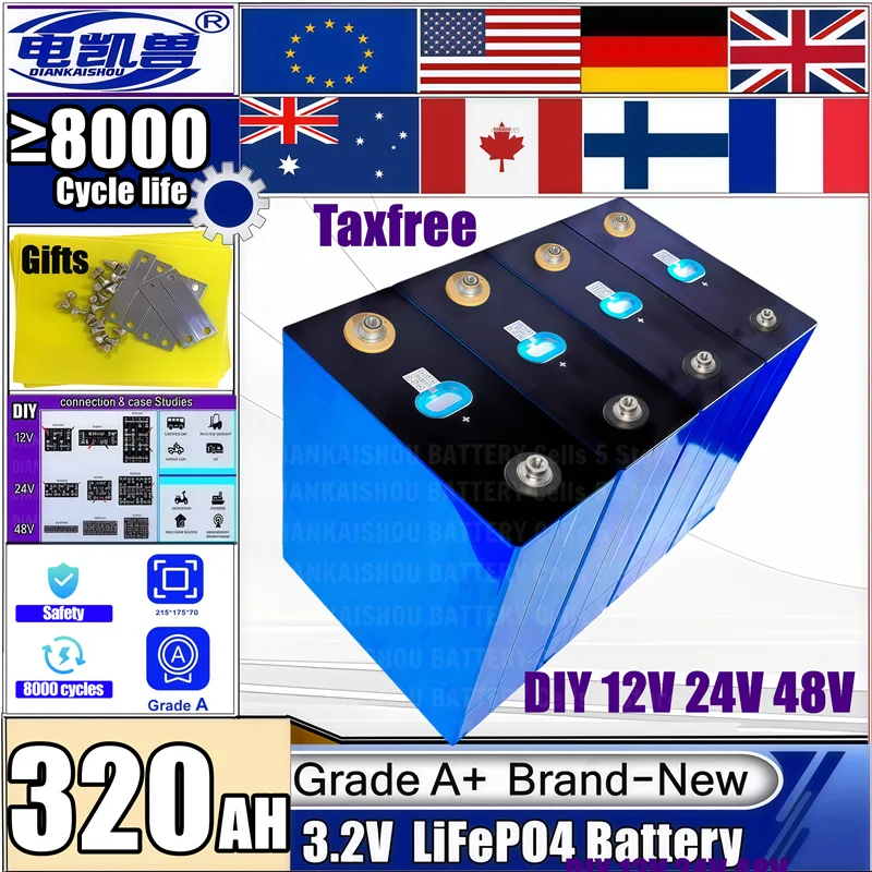 

LiFePO4 Grade A 320Ah Battery 8000 cycle 3.2V Lithium iron phosphate Rechargeable Cell For DIY 12V 24V 48V RV Solar Camping