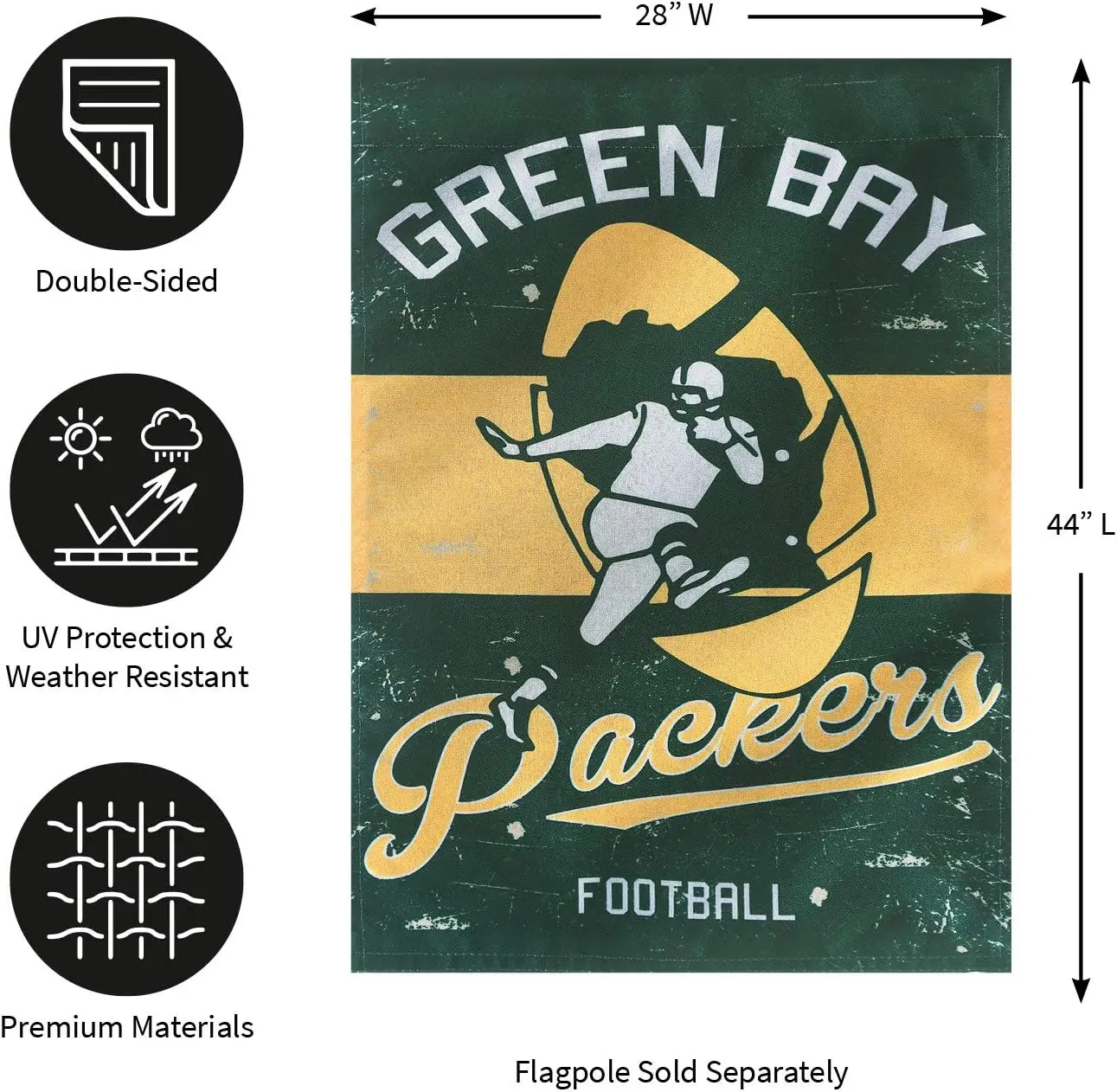 Team Sports America Green Bay Packers NFL Vintage Linen House Flag - 28”W x 44”H Indoor Outdoor Double Sided Decor Flag for Foot