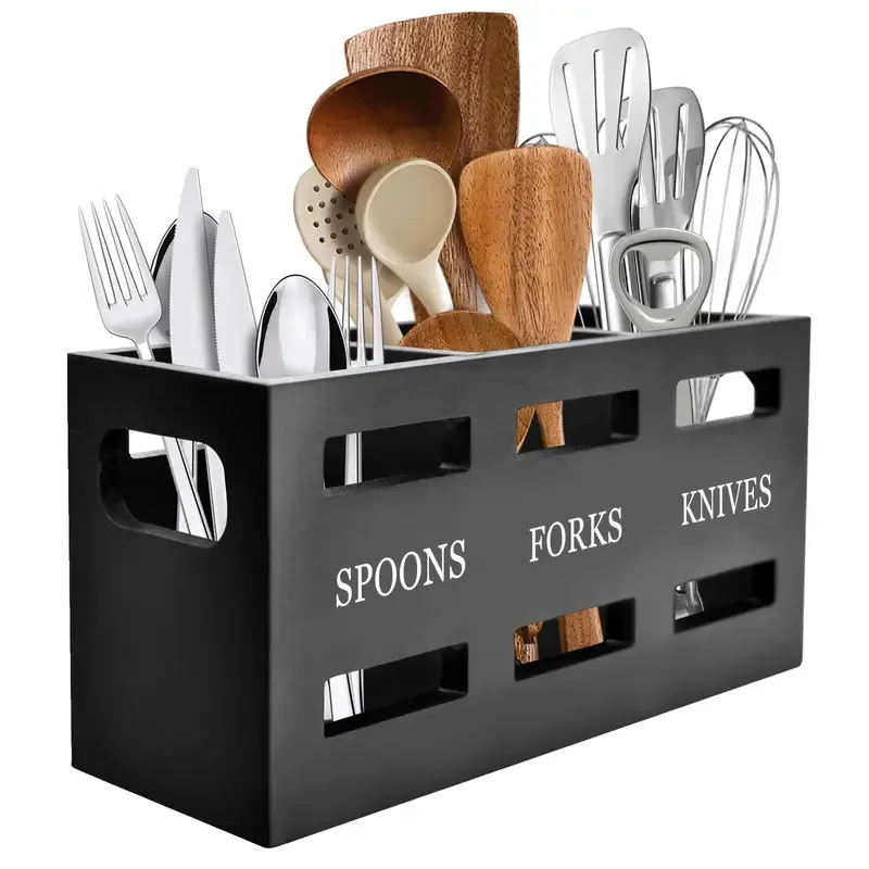 

Wooden 3 Compartment Design Cutlery Rack Work Surface Kitchen Utensil Rack Knife Fork Spoon Storage Box Cutlery Drain Rack