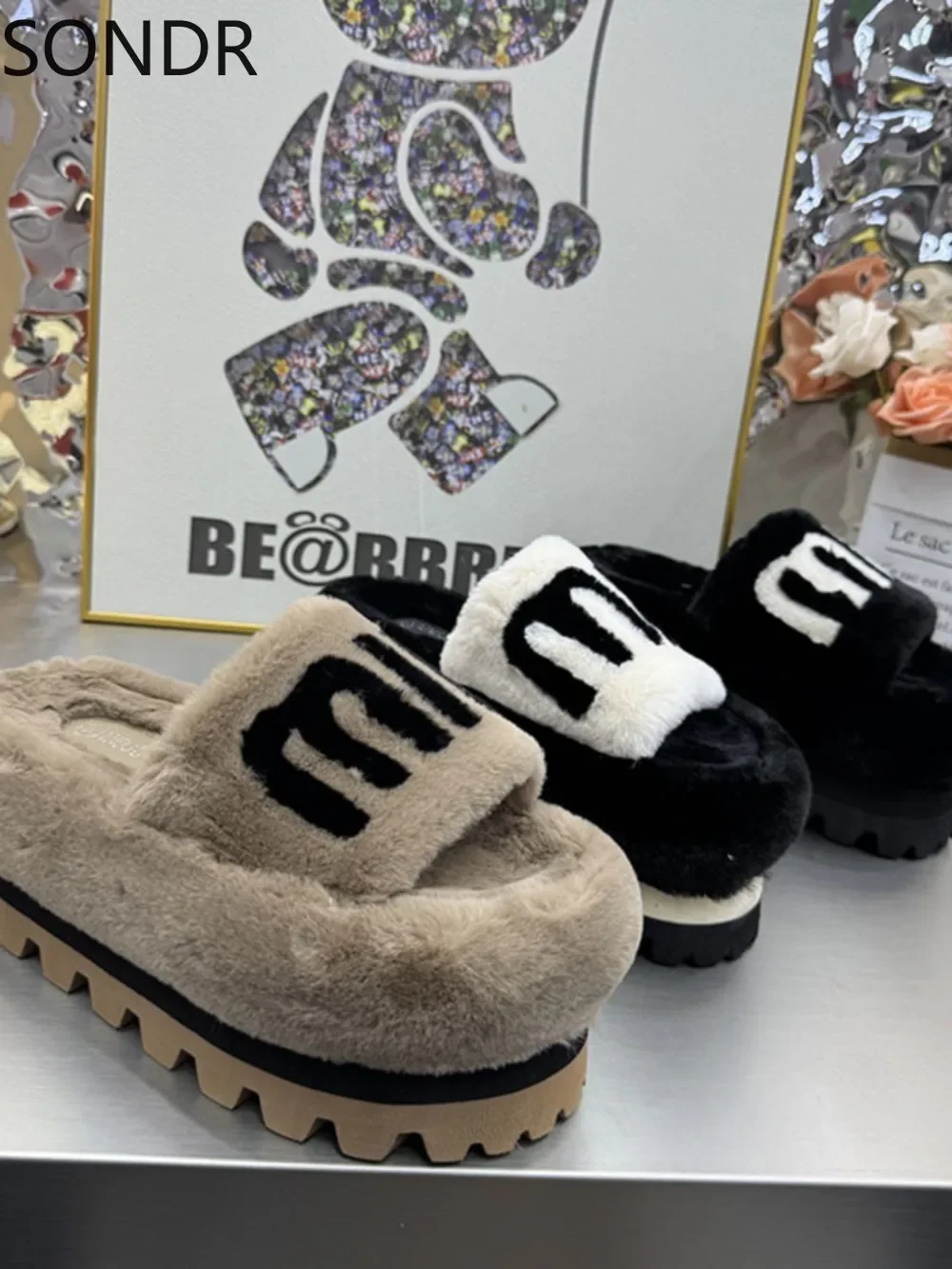 

Womens Real Lambswool Fur Furry Platform Wedge High Heel Warm Winter Mules Slipper Plush Slides Shoes Thick