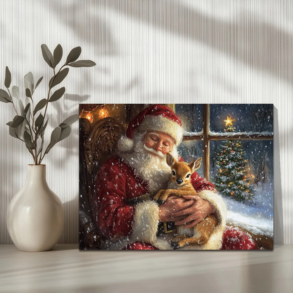 1pc,Santa Claus Holding A cute Little Deer B,Modern Canvas Wall Art,Waterproof Wall Painting Poster Picture Art,Framed,16x12inch