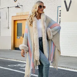 YJKDYK 2024 Autumn Winter Women's Hooded Cloak Female Velvet Edge Striped Knitted Fringe Shawl Women's Thicken Warm Jackets