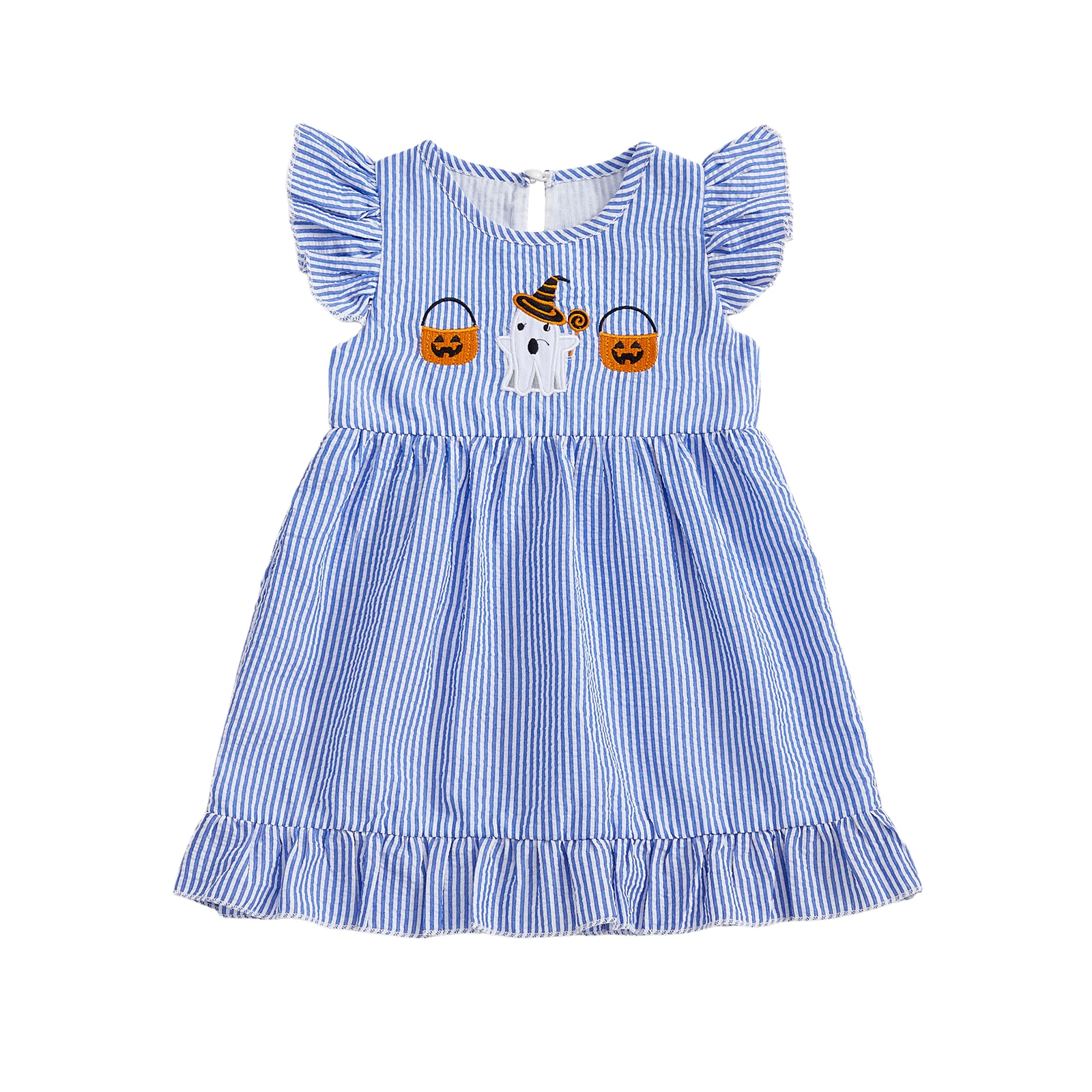 

Toddler Girls Halloween Dress Casual Embroidery Striped Ruffled Fly Sleeves Dress for Beach Party Cute Clothes