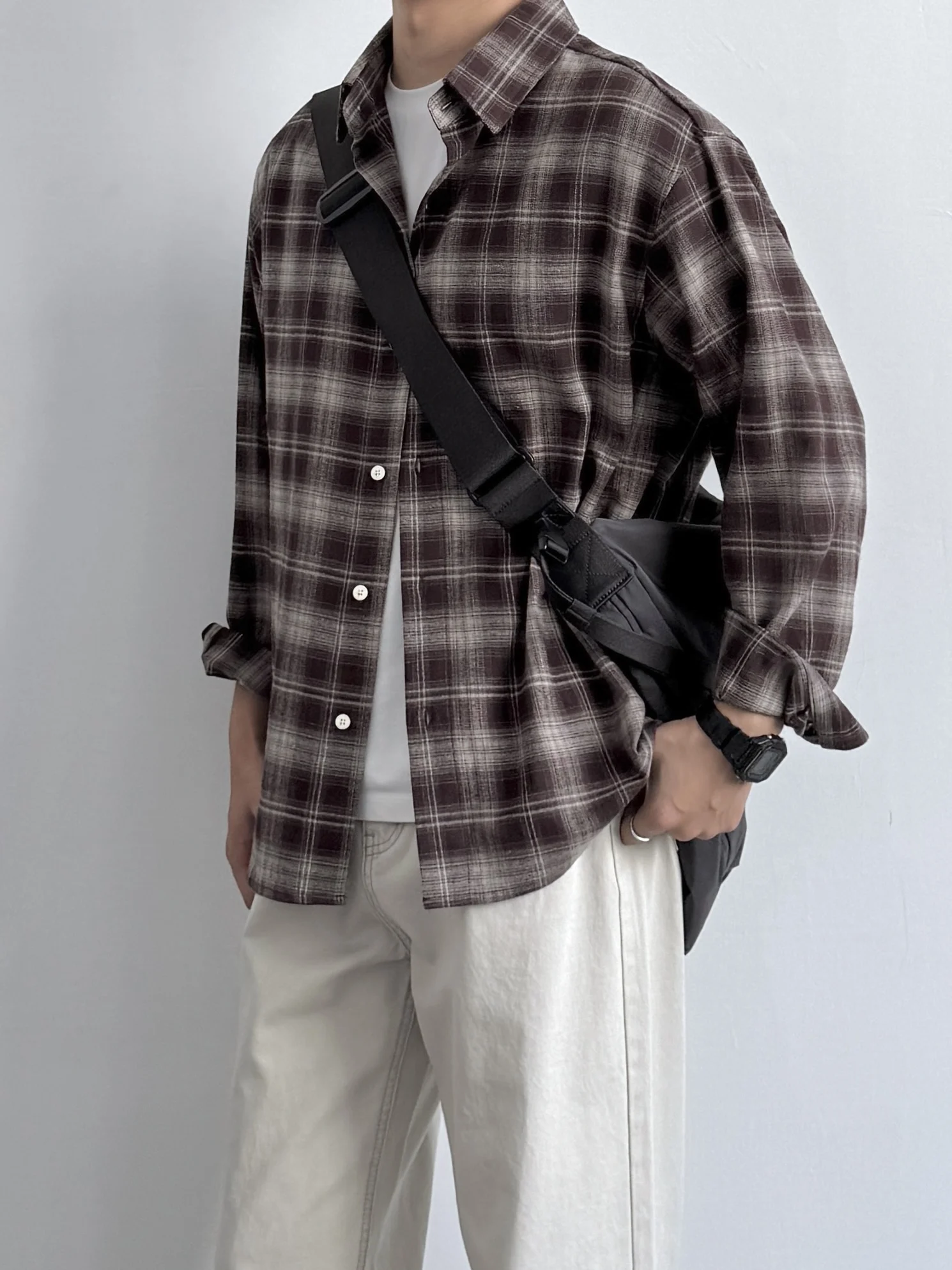

Retro Japanese Sle Long Sve Plaid irt Casual Loose Fit Autumn New Faion Coffee Color Collar Stand up Trendy Brand ...