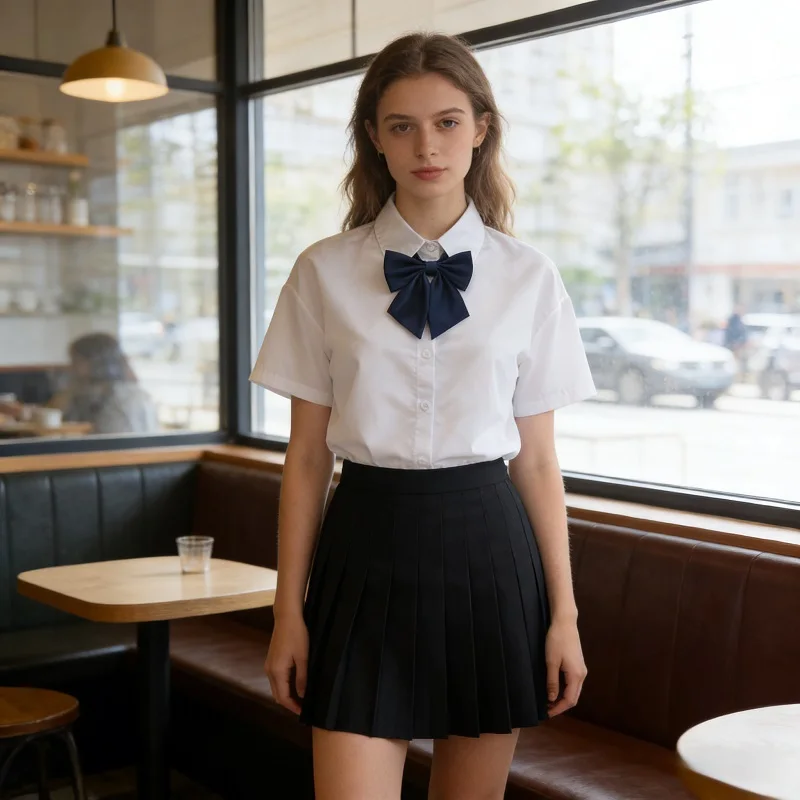 

E-BAIHUI Bow Tie Women's Shirt Minimalist Accessory Lapel Button White Shirts Japanese Woman Casual Loose College Style Top