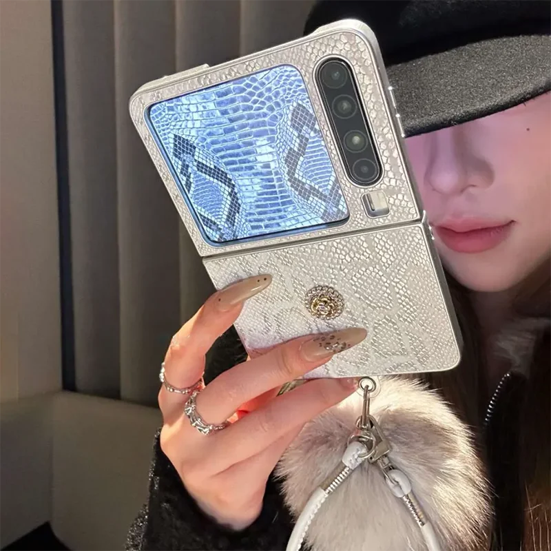 Luxury Electroplated Snake Print PC Flip Case For Samsung Galaxy Z Flip7 Z Flip6 Z Flip5 with 3D Diamond Flower&Fur Ball Lanyard