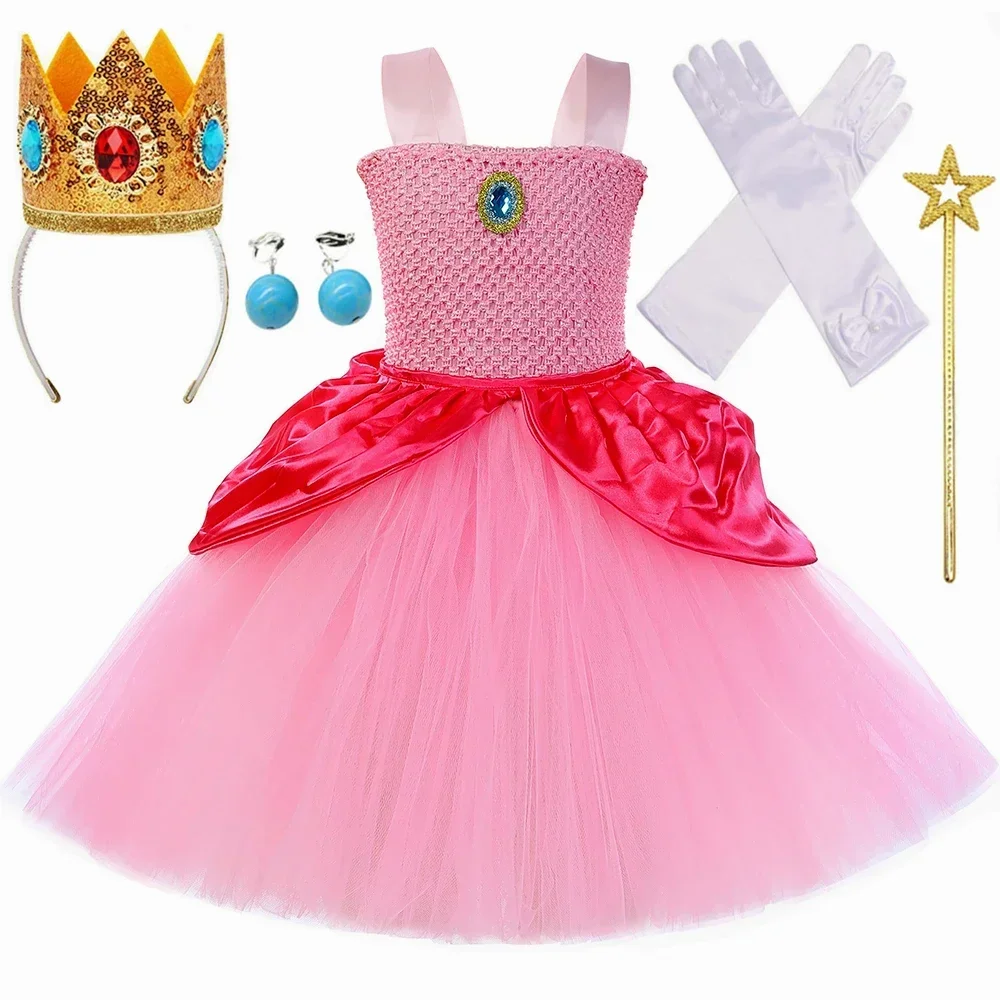 Peach Princess Costume Girls Pink Super Bros Princess Dress Up Ball Gown Kids Halloween Carnival Birthday Party Tulle Tutu Dress