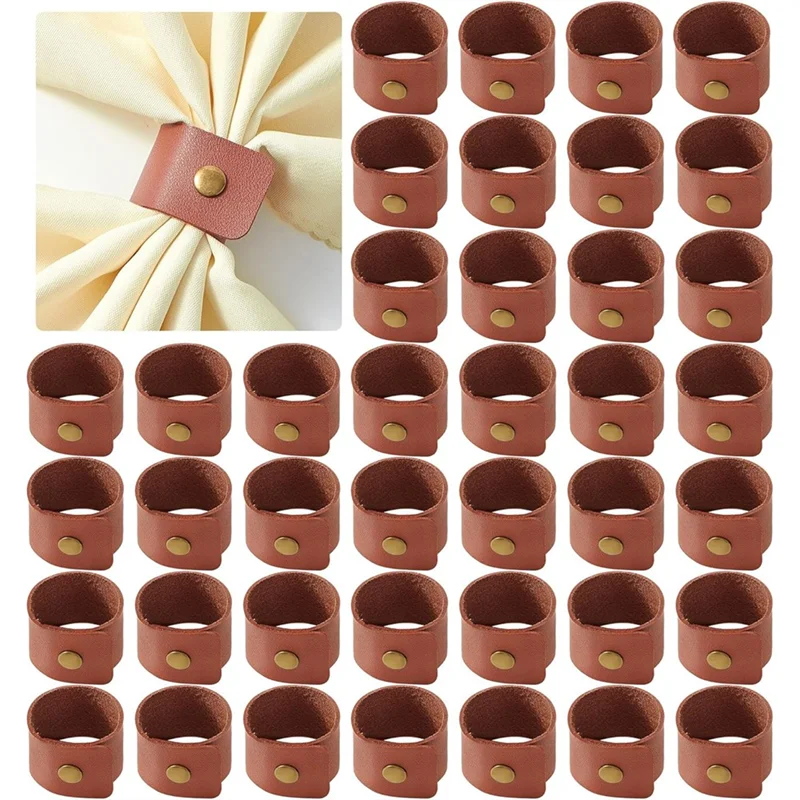 ABSE-Napkin Ring Set Of 40PCS PU Leather, Brown Vintage Farmhouse Style Holder For Wedding Party Birthday Banquet Table Decorati