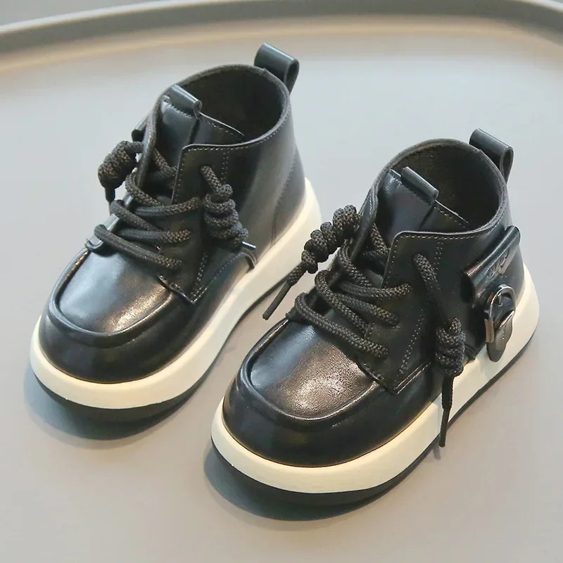 Boys Autumn Winter Short Boots Kids Casual PU Leather Shoes Student Non-Slip Side-Zip Sneakers Soft-Sole Walking Shoes Children