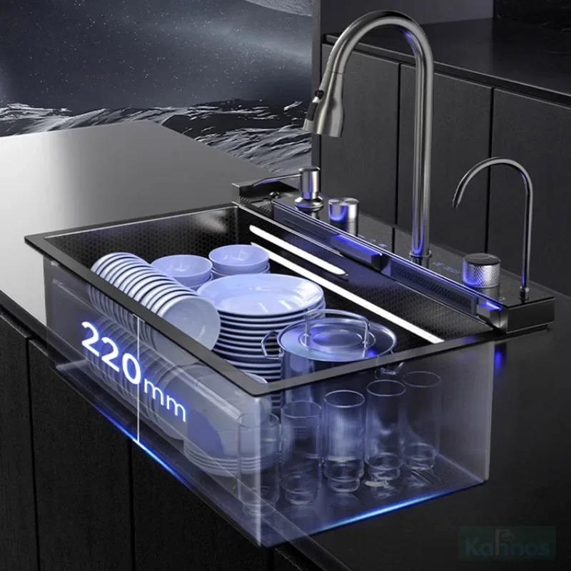 LED Digital Smart Waterfall Faucet 304 Stainless Steel Multifunction Large Single Bionic Wash Basin Modern Kitchen Sink