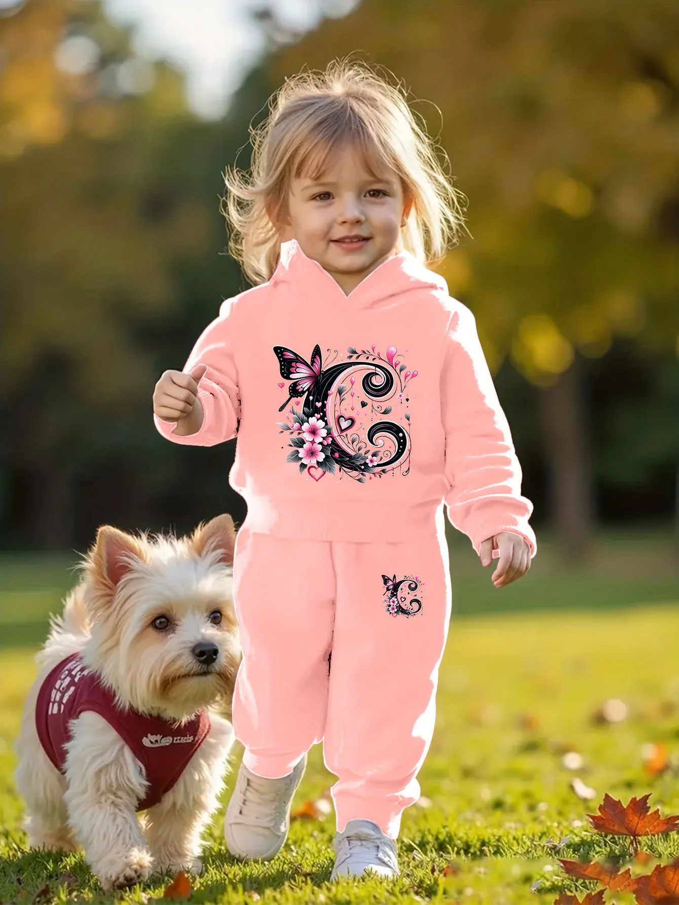 Infant Toddler Autumn Winter Hoodie Tracksuit Set, Butterfly Floral Letter C Print, Sweet Cute Casual Sporty Two-Piece Outfit