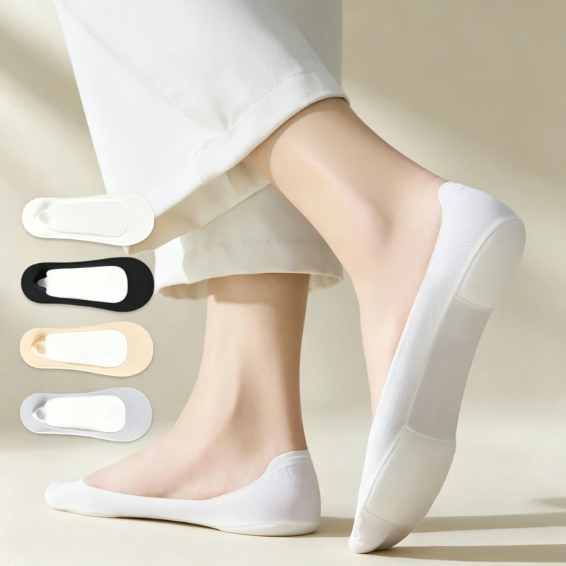 1/2Pairs Women Summer Ice Silk Invisible Non Slip Boat Socks Soft Sponge Pads Arch Support Shock Absorbing Breathable Soft Socks